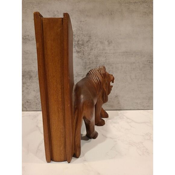Vintage Wooden Hand Carved Single Heavy Lion Bookend 8” Tall x7.5" Décor Study - Picture 5 of 10